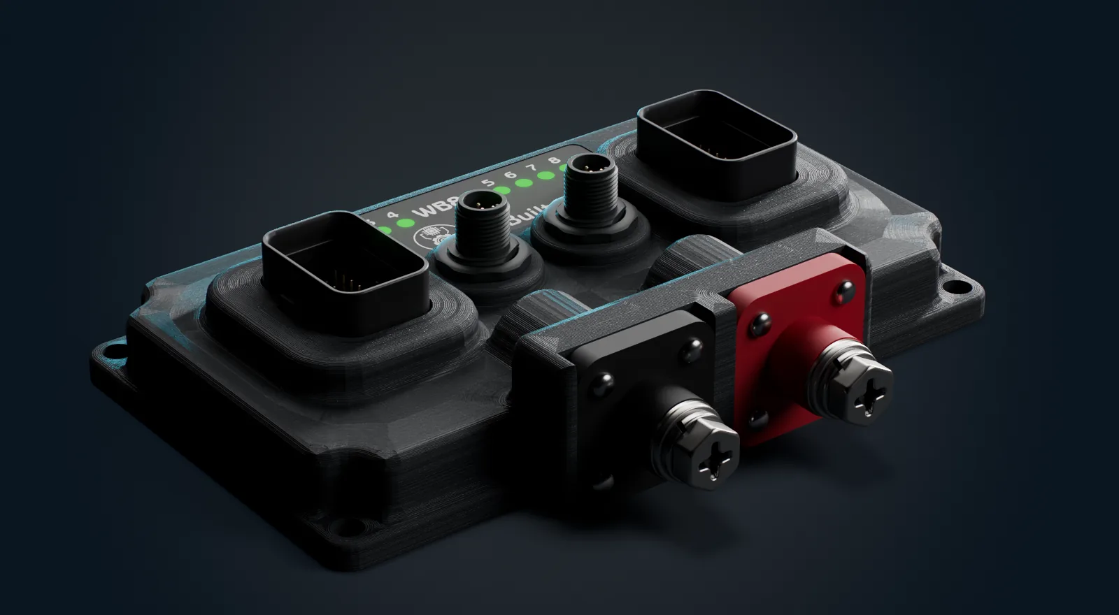 The OBWB8m at a three-quarter angle on a dark stage, its case showing the fine layer lines of a 3D-printed part, two power terminals at the front. 3D rendering, interim, standing in for a photo of our work.