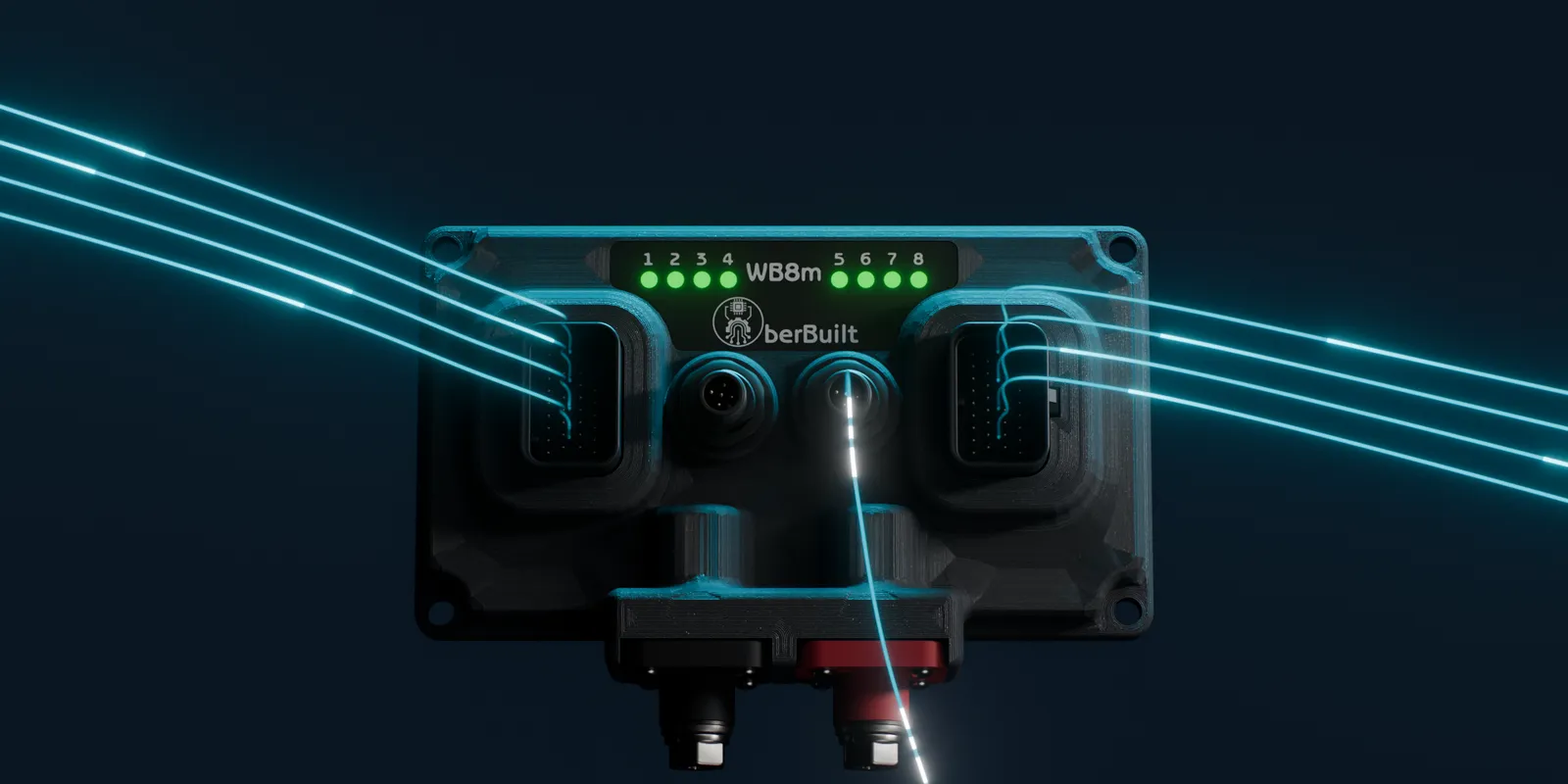 The OBWB8m face-on, with four sensor lines coming in from each side and one line leaving it for the ECU. 3D rendering, interim.