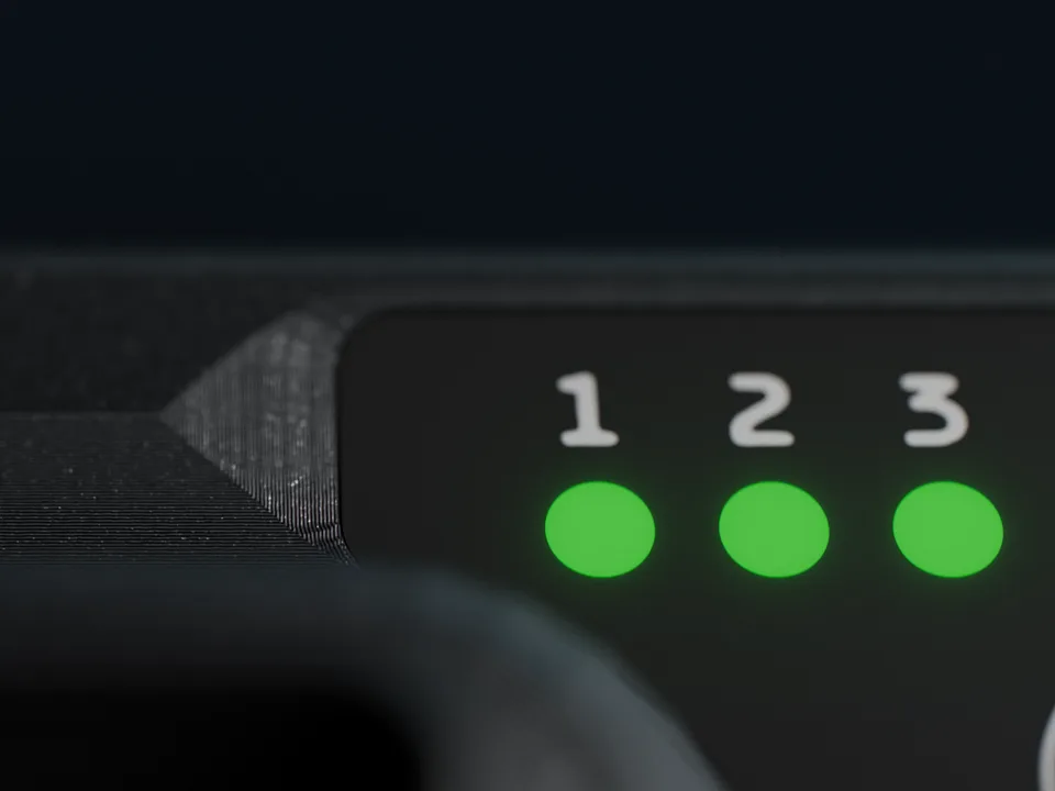 Close-up of the OBWB8m case: channel lights 1, 2 and 3 glowing green. 3D rendering, interim.